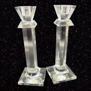 Vintage Crystal Pillar Candle Holder Set 2 Clear Glass Candle Stick Holder 8”T‎